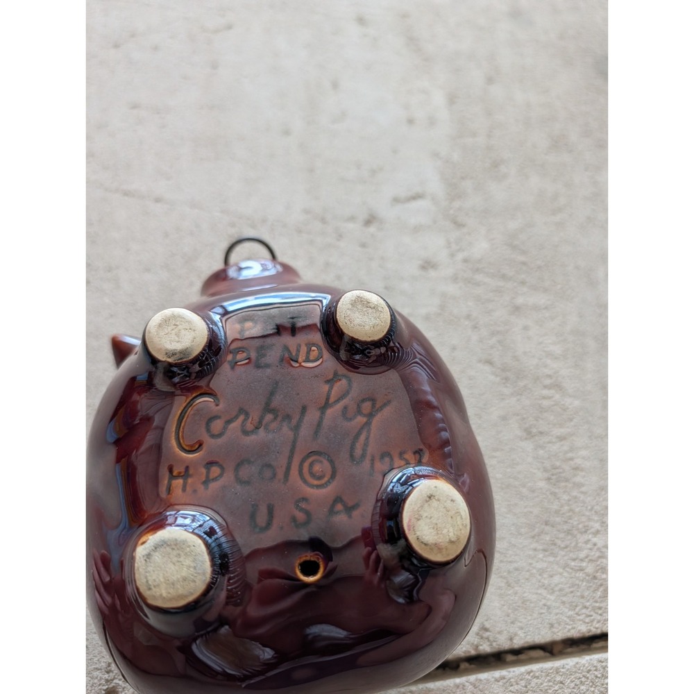 Vintage Hull Pottery 1957 Corky Pig Piggy Bank Brown Pink Drip With Cork & Ring - Picture 8 of 10